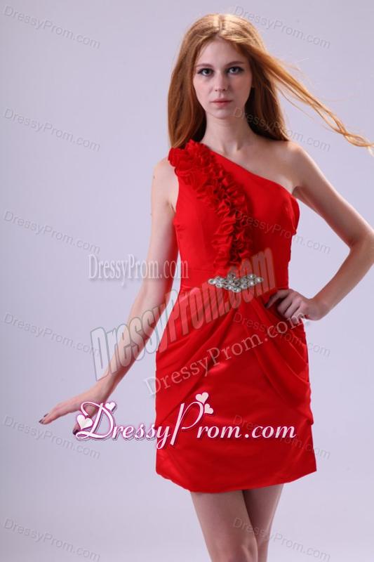 Red One Shoulder Beaded and Ruffled Short Prom Dress