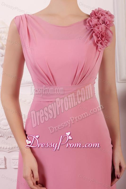 Rose Pink Empire V-neck Court Train Prom Dress with Flowers