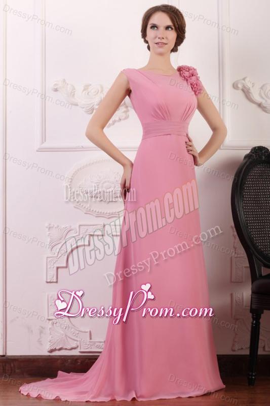 Rose Pink Empire V-neck Court Train Prom Dress with Flowers