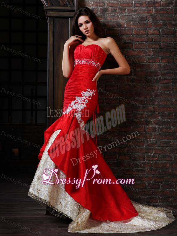 Sexy Mermaid Strapless Brush Train Red Appliques Prom Dress with Lace Up