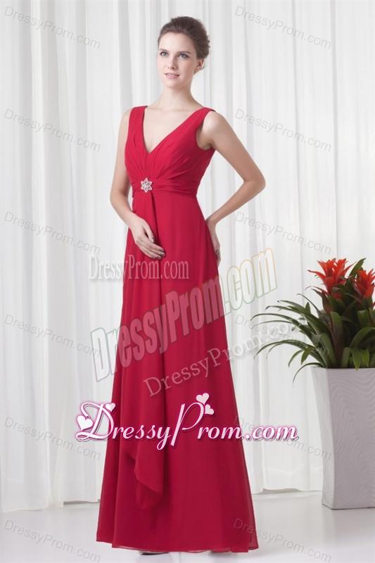 2014 Cheap Empire V-neck Chiffon Red Beading Prom Dress