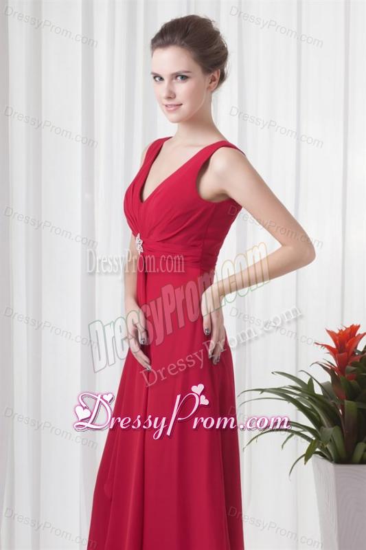 2014 Cheap Empire V-neck Chiffon Red Beading Prom Dress