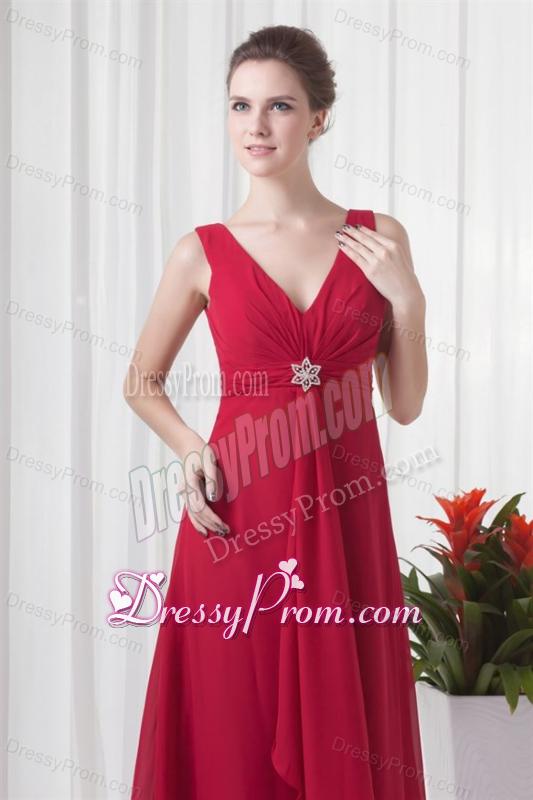 2014 Cheap Empire V-neck Chiffon Red Beading Prom Dress