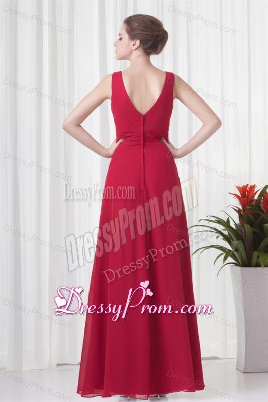 2014 Cheap Empire V-neck Chiffon Red Beading Prom Dress
