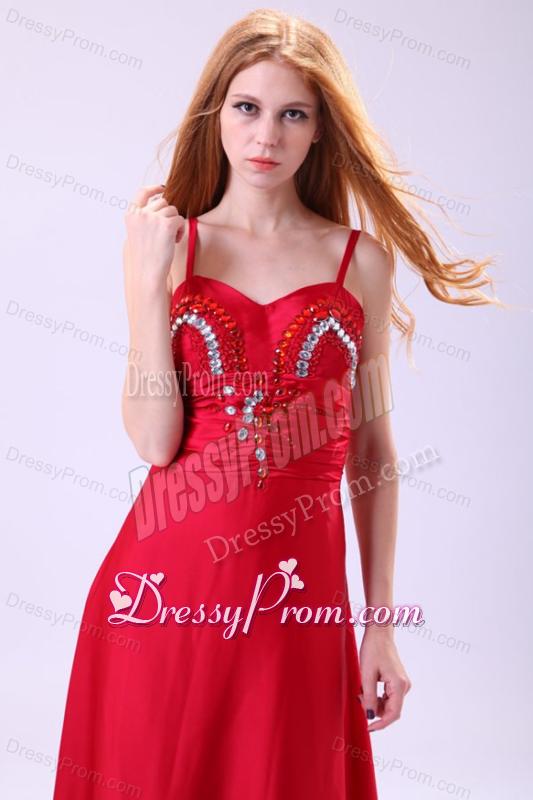 2014 Column Straps Ankle-length Beading Red Chiffon Prom Dress