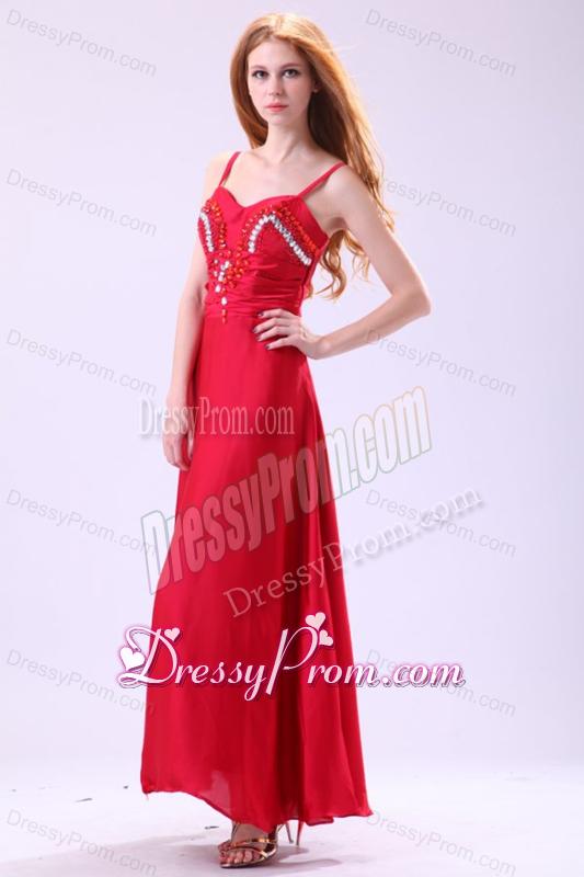 2014 Column Straps Ankle-length Beading Red Chiffon Prom Dress