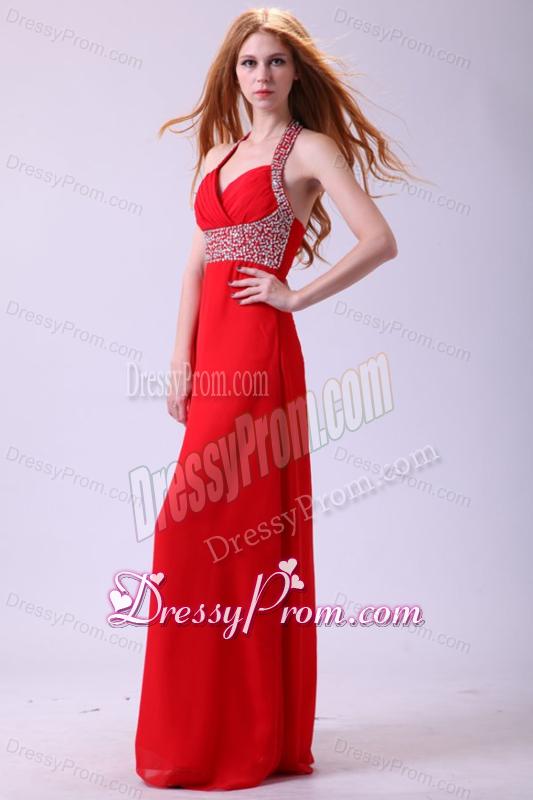 2014 Empire Halter Beading Red Chiffon Floor-length Prom Dress