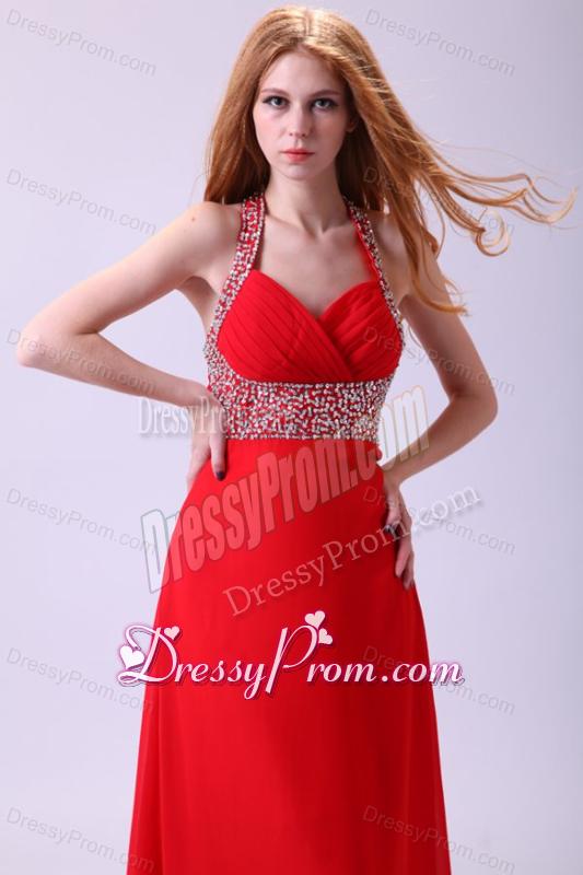 2014 Empire Halter Beading Red Chiffon Floor-length Prom Dress