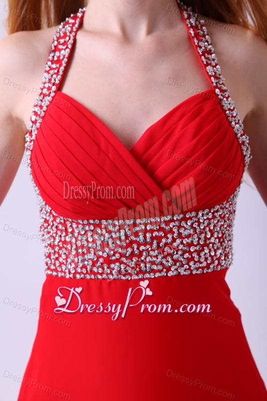 2014 Empire Halter Beading Red Chiffon Floor-length Prom Dress