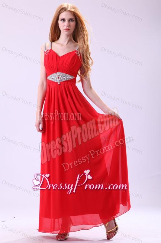 2014 Empire V-neck Red Floor-length Beading Chiffon Prom Dress