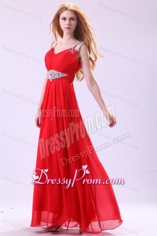 2014 Empire V-neck Red Floor-length Beading Chiffon Prom Dress