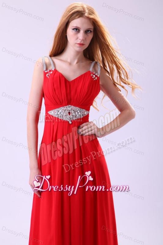 2014 Empire V-neck Red Floor-length Beading Chiffon Prom Dress