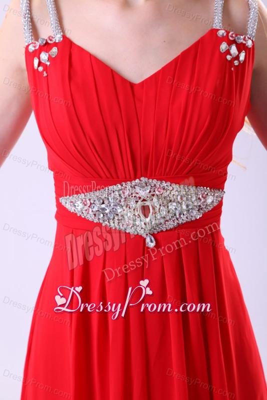 2014 Empire V-neck Red Floor-length Beading Chiffon Prom Dress