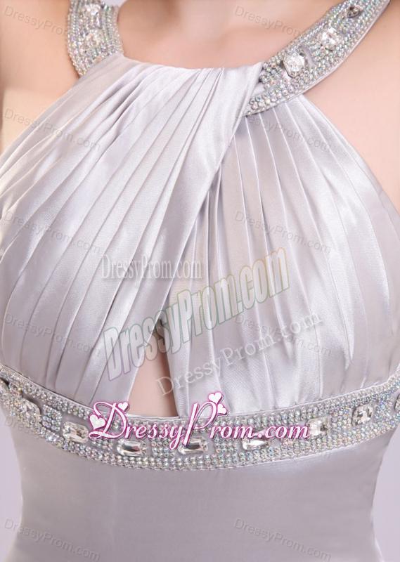 A-line Gray Straps Beading and Ruching Brush Train Prom Dress