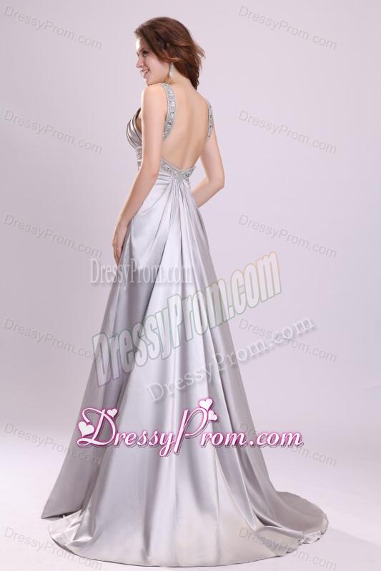 A-line Gray Straps Beading and Ruching Brush Train Prom Dress