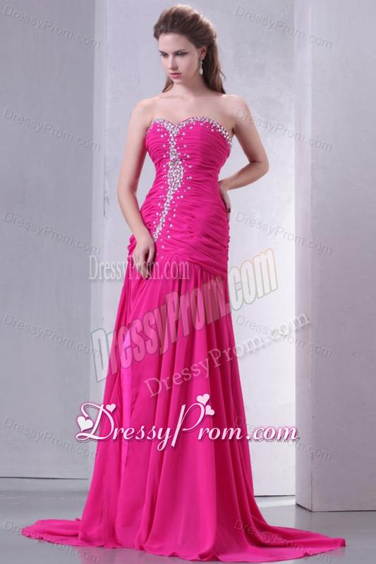 A-line Sweetheart Beading and Ruche Chiffon Prom Dress in Hot Pink