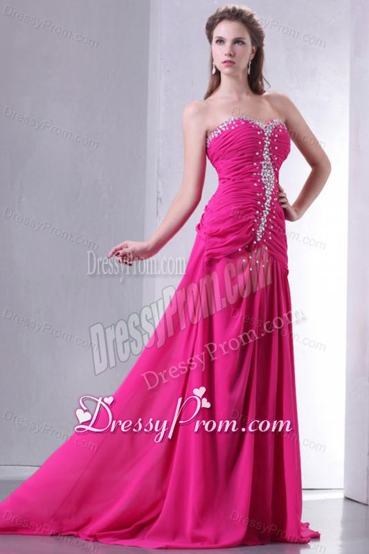 A-line Sweetheart Beading and Ruche Chiffon Prom Dress in Hot Pink