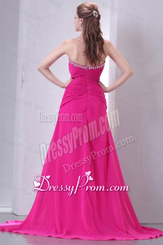 A-line Sweetheart Beading and Ruche Chiffon Prom Dress in Hot Pink