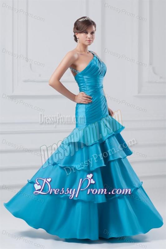Affordable One Shoulder Taffeta Beading and Ruching Blue Prom Dress