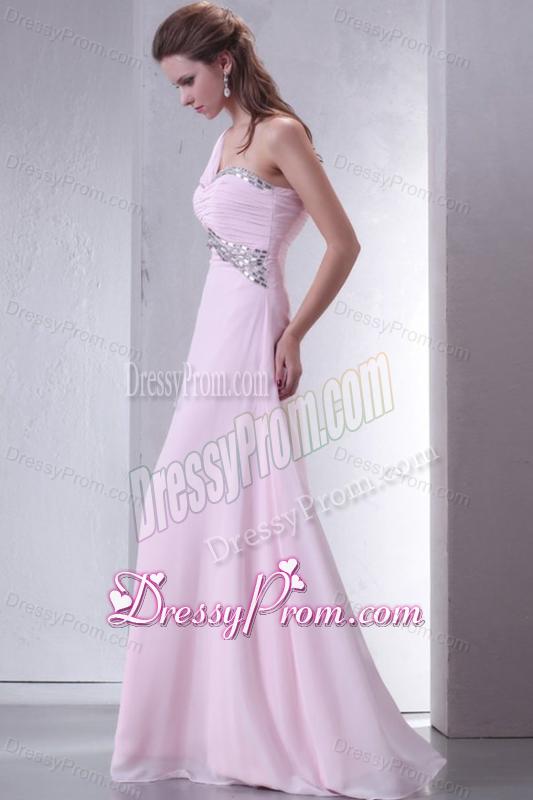 Baby Pink One Shoulder Beaded Decorate Chiffon Empire Prom Dress