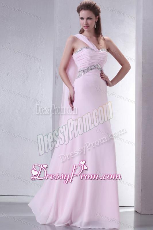 Baby Pink One Shoulder Beaded Decorate Chiffon Empire Prom Dress