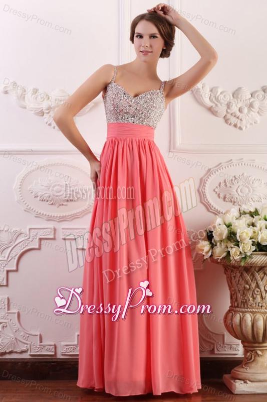 Beaded Decorate Brust Straps Empire Chiffon Watermelon Prom Dress