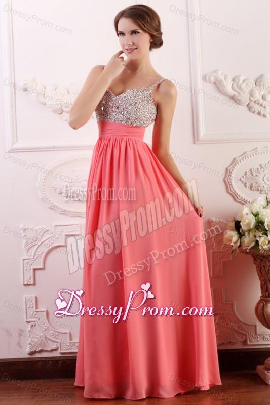 Beaded Decorate Brust Straps Empire Chiffon Watermelon Prom Dress