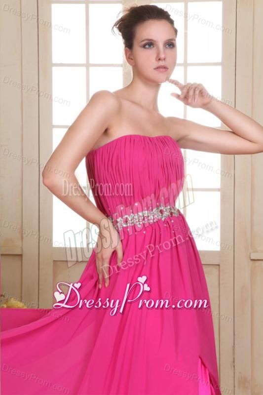 Beaded Decorate Waist Strapless Chiffon Empire Prom Dress with Silt