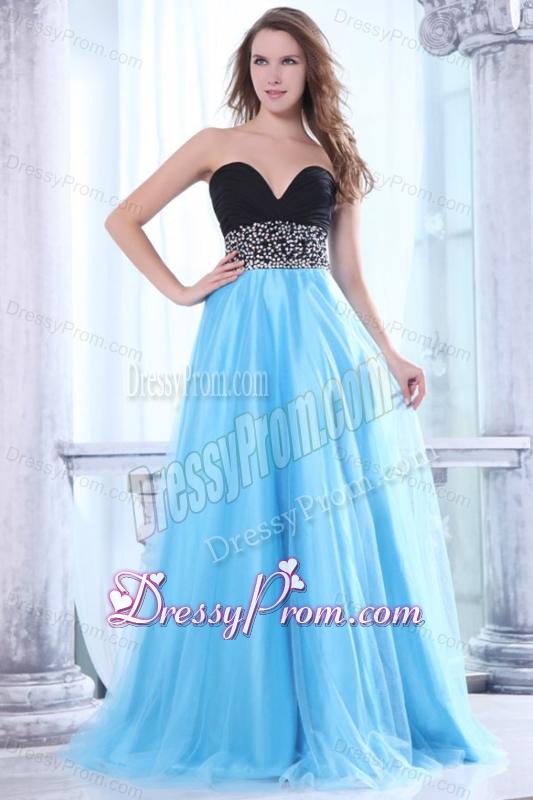 Beaded Decorate Waist Sweetheart Black and Aqua Blue Prom Dress