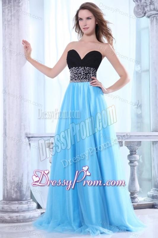 Beaded Decorate Waist Sweetheart Black and Aqua Blue Prom Dress