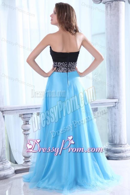 Beaded Decorate Waist Sweetheart Black and Aqua Blue Prom Dress