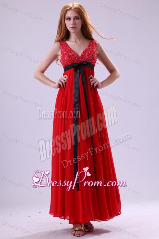 Beading Ankle-length V-neck Chiffon 2014 Prom Dress in Red