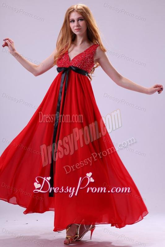 Beading Ankle-length V-neck Chiffon 2014 Prom Dress in Red