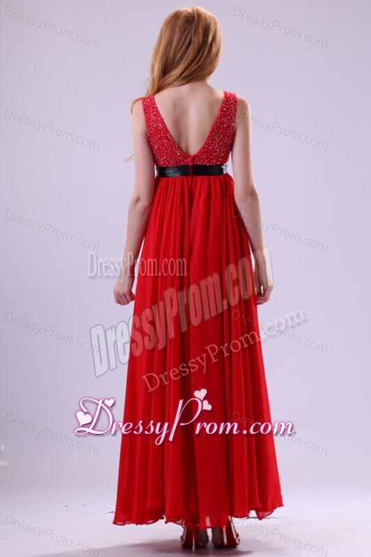 Beading Ankle-length V-neck Chiffon 2014 Prom Dress in Red