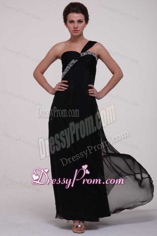 Black Empire One Shoulder Prom Dress with Beading Ankle-length