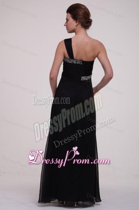 Black Empire One Shoulder Prom Dress with Beading Ankle-length