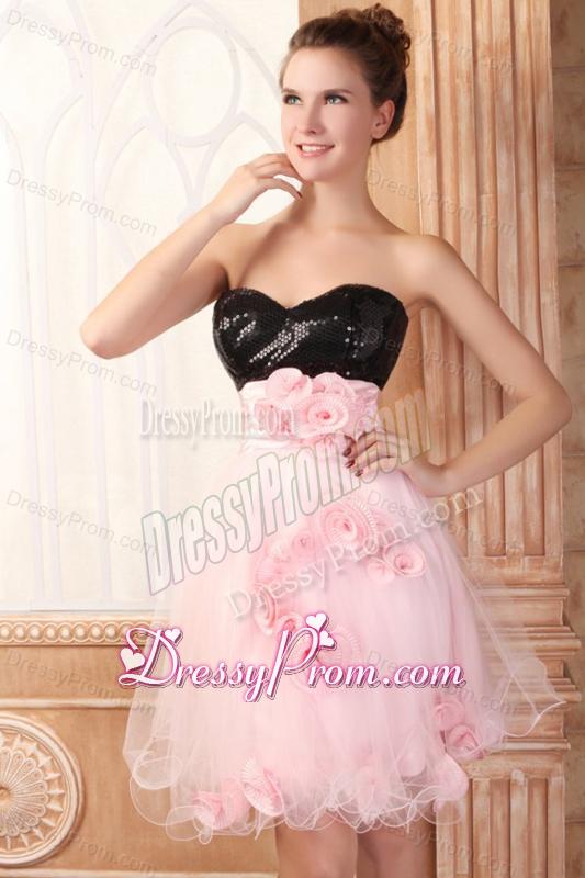 Black and Pink Sweetheart Hand Made Flowers Mini-length Prom Dress