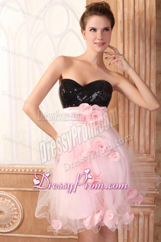 Black and Pink Sweetheart Hand Made Flowers Mini-length Prom Dress