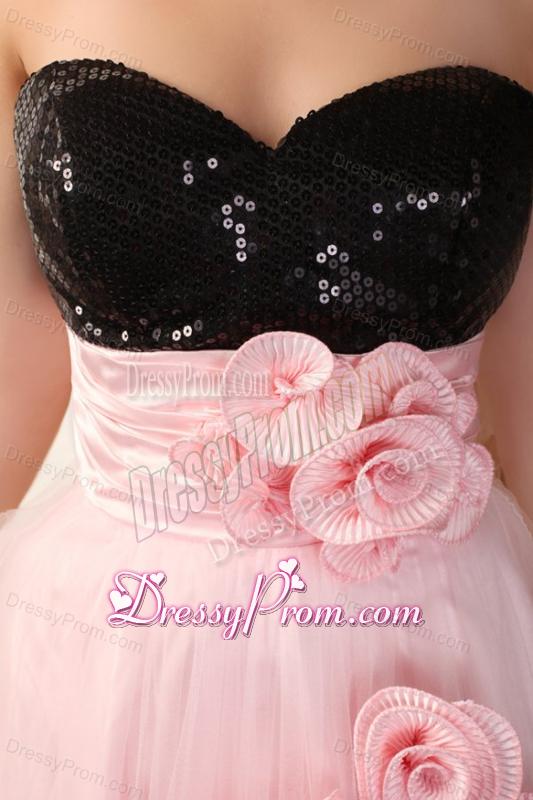 Black and Pink Sweetheart Hand Made Flowers Mini-length Prom Dress