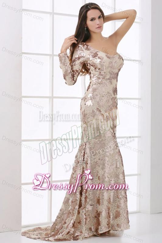Champagne One Shoulder Lace Long Sleeve Prom Dress with Sequins