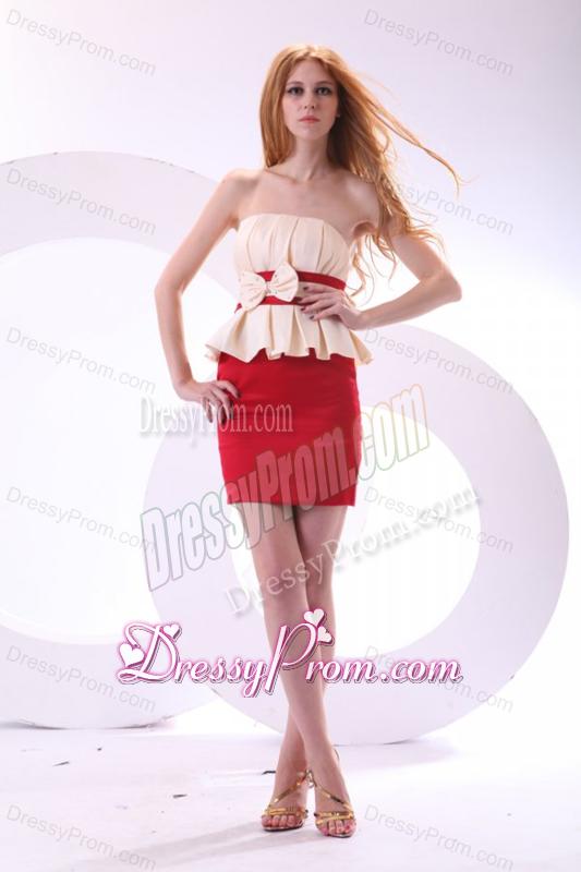 Cheap Column Strapless Mini-length Taffeta Prom Dress with Bowknot