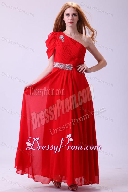Chiffon Simple Empire One Shoulder Beading Short Sleeves Red Prom Dress
