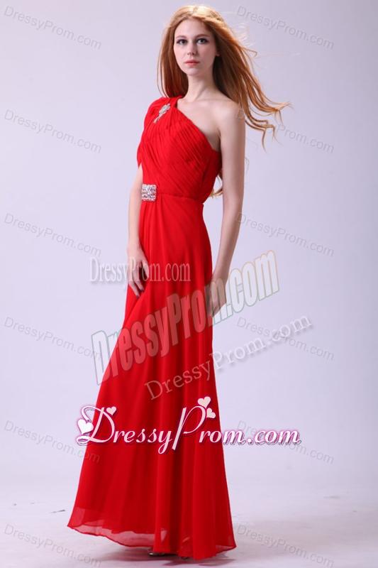 Chiffon Simple Empire One Shoulder Beading Short Sleeves Red Prom Dress