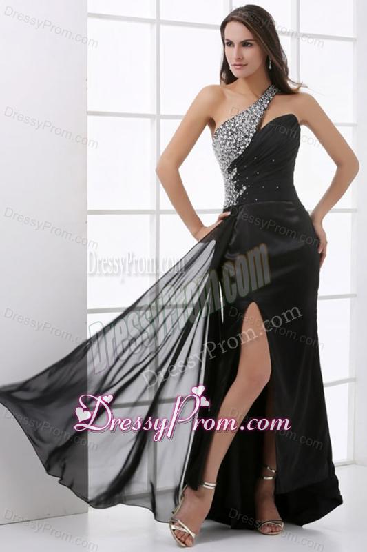 Column Black One Shoulder Beading and High Silt Prom Dress
