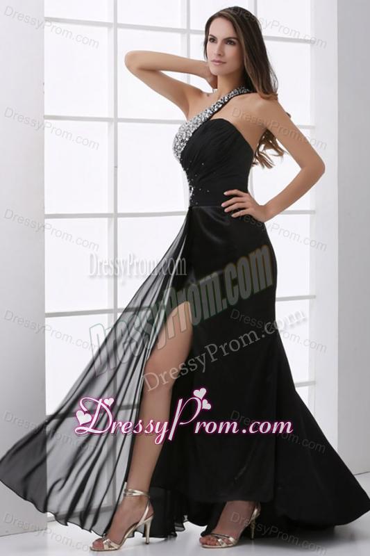 Column Black One Shoulder Beading and High Silt Prom Dress