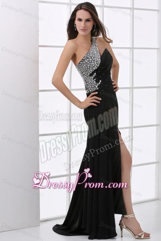 Column Black One Shoulder Beading and High Silt Prom Dress