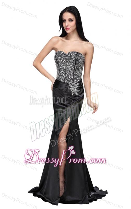 Column Black Sweetheart Beading Chiffon Brush Train Prom Dress