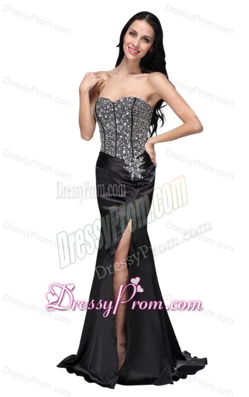 Column Black Sweetheart Beading Chiffon Brush Train Prom Dress
