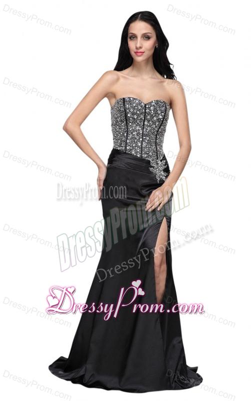 Column Black Sweetheart Beading Chiffon Brush Train Prom Dress