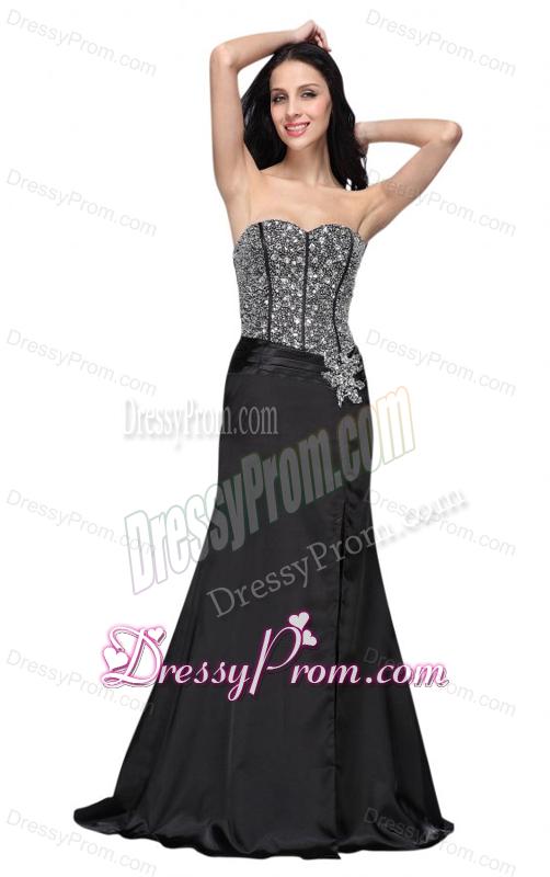 Column Black Sweetheart Beading Chiffon Brush Train Prom Dress